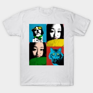 BEAUTIFUL FUNNY ASIAN GIRL, CAT AND DOG POP ART COLOR T-Shirt